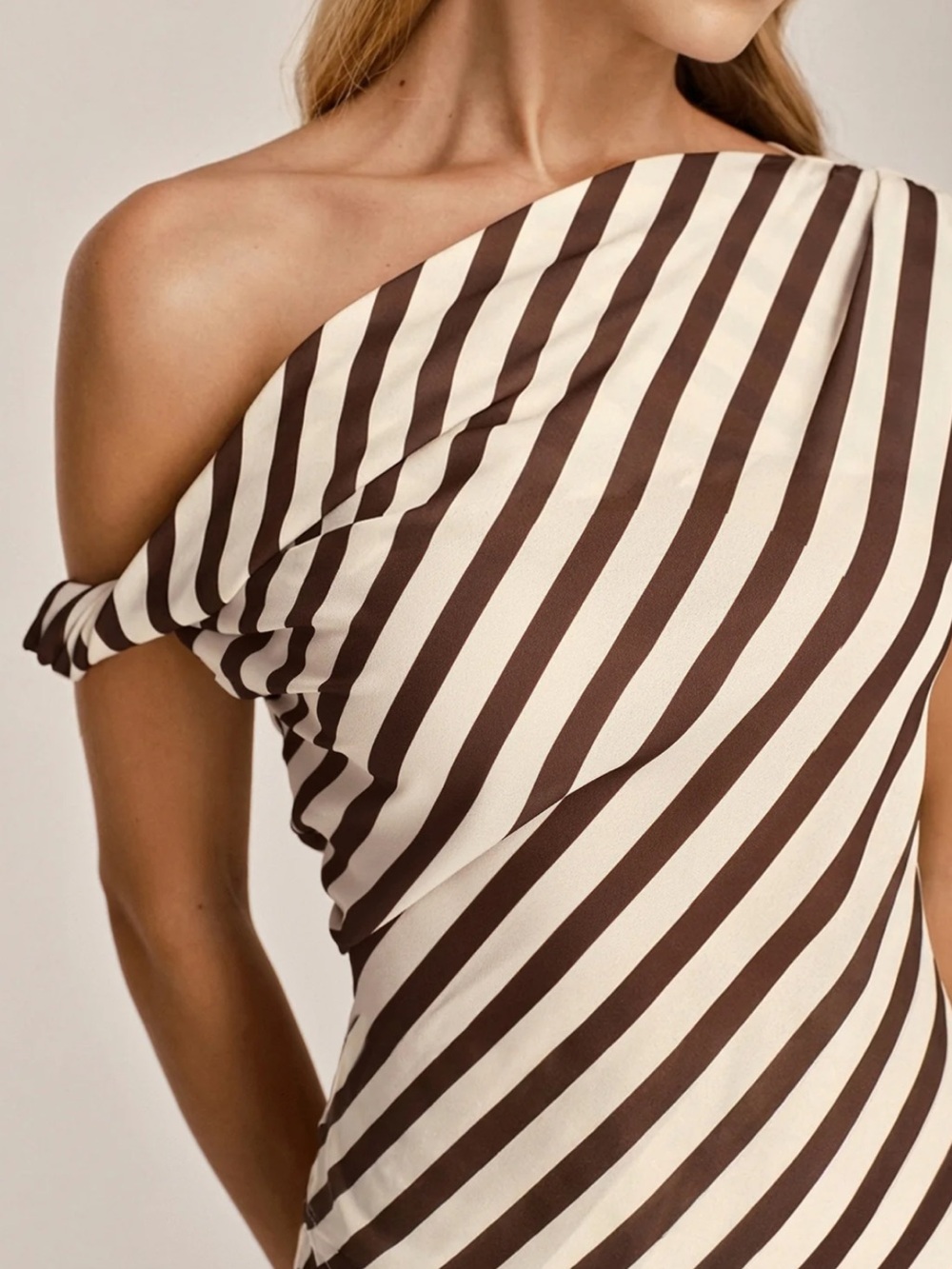 Commense Asymmetrical One-Shoulder Striped Maxi Skirt Set- Brown & Cream - Picture 5 of 7